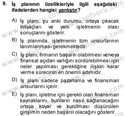 Girişimcilik Dersi 2013 - 2014 Yılı (Final) Dönem Sonu Sınav Soruları 9. Soru