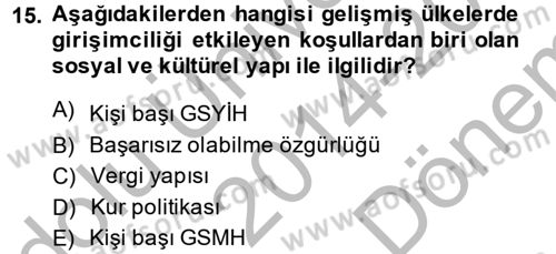 Girişimcilik Dersi 2014 - 2015 Yılı (Final) Dönem Sonu Sınav Soruları 15. Soru