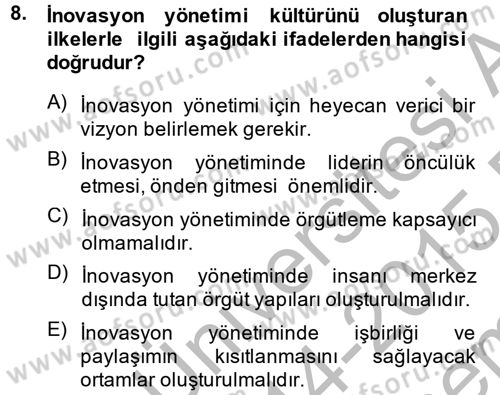 Girişimcilik Dersi 2014 - 2015 Yılı (Final) Dönem Sonu Sınav Soruları 8. Soru