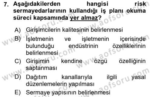 Girişimcilik Dersi 2016 - 2017 Yılı 3 Ders Sınav Soruları 7. Soru