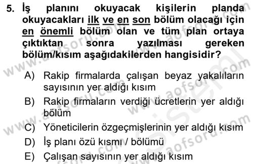 Girişimcilik Dersi 2017 - 2018 Yılı 3 Ders Sınav Soruları 5. Soru