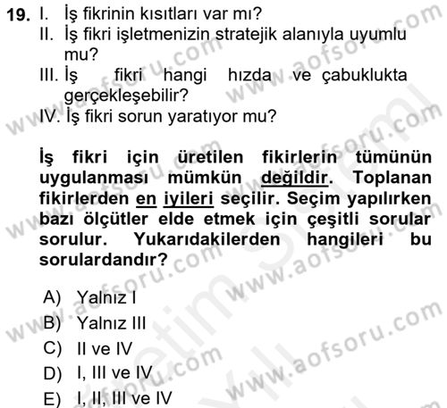 Girişimcilik Dersi 2017 - 2018 Yılı (Vize) Ara Sınav Soruları 19. Soru