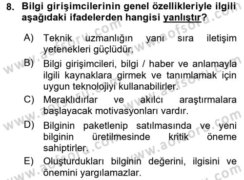 Girişimcilik Dersi 2017 - 2018 Yılı (Vize) Ara Sınav Soruları 8. Soru