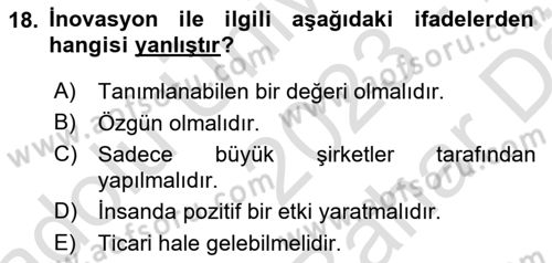 Girişimcilik Dersi 2023 - 2024 Yılı (Vize) Ara Sınav Soruları 18. Soru