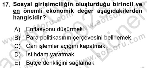 Girişimcilik Dersi 2023 - 2024 Yılı (Final) Dönem Sonu Sınav Soruları 17. Soru