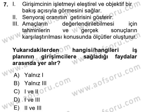 Girişimcilik Dersi 2023 - 2024 Yılı (Final) Dönem Sonu Sınav Soruları 7. Soru
