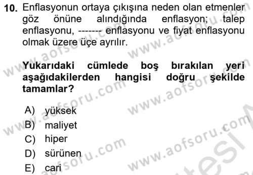 Ekonomik Analiz Dersi 2021 - 2022 Yılı Yaz Okulu Sınav Soruları 10. Soru