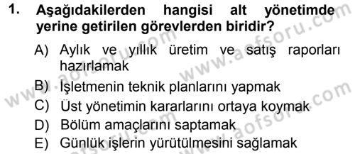 Yönetim ve Organizasyon 1 Dersi 2012 - 2013 Yılı (Final) Dönem Sonu Sınav Soruları 1. Soru