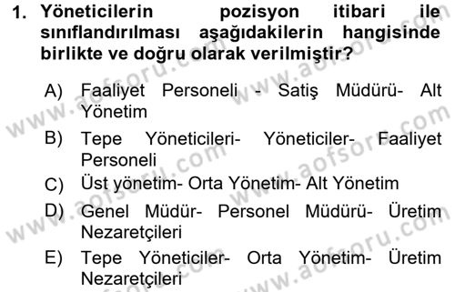 Yönetim ve Organizasyon 1 Dersi 2016 - 2017 Yılı (Final) Dönem Sonu Sınav Soruları 1. Soru