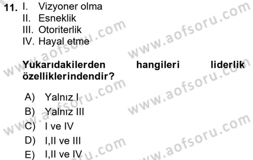 Yönetim ve Organizasyon 1 Dersi 2017 - 2018 Yılı (Vize) Ara Sınav Soruları 11. Soru