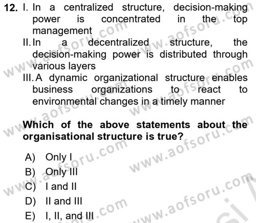 Business Management Dersi 2024 - 2025 Yılı (Vize) Ara Sınav Soruları 12. Soru