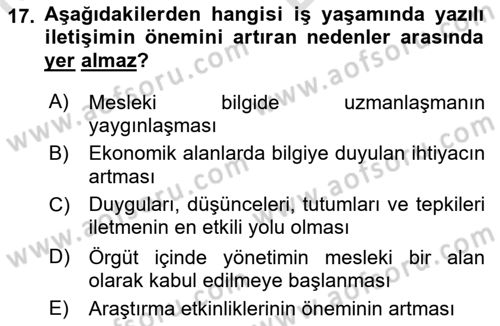 İşletme İletişimi Dersi 2021 - 2022 Yılı (Vize) Ara Sınav Soruları 17. Soru