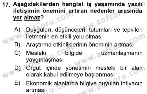 İşletme İletişimi Dersi 2023 - 2024 Yılı (Vize) Ara Sınav Soruları 17. Soru