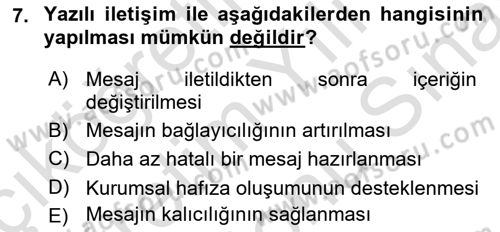 İşletme İletişimi Dersi 2023 - 2024 Yılı (Final) Dönem Sonu Sınav Soruları 7. Soru