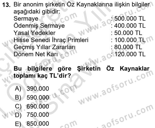 Finansal Muhasebe Dersi 2020 - 2021 Yılı Yaz Okulu Sınav Soruları 13. Soru
