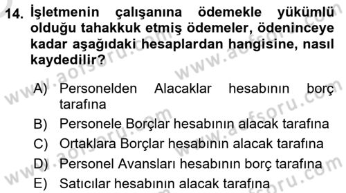 Finansal Muhasebe Dersi 2020 - 2021 Yılı Yaz Okulu Sınav Soruları 14. Soru