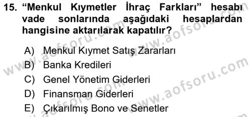 Finansal Muhasebe Dersi 2020 - 2021 Yılı Yaz Okulu Sınav Soruları 15. Soru