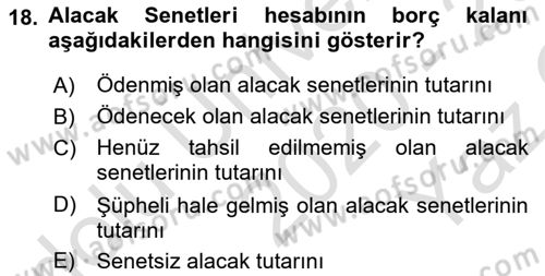 Finansal Muhasebe Dersi 2020 - 2021 Yılı Yaz Okulu Sınav Soruları 18. Soru