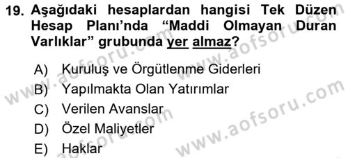 Finansal Muhasebe Dersi 2020 - 2021 Yılı Yaz Okulu Sınav Soruları 19. Soru
