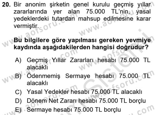 Finansal Muhasebe Dersi 2020 - 2021 Yılı Yaz Okulu Sınav Soruları 20. Soru