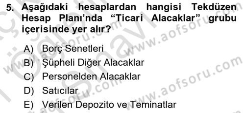 Finansal Muhasebe Dersi 2020 - 2021 Yılı Yaz Okulu Sınav Soruları 5. Soru