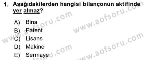 Finansal Muhasebe Dersi 2021 - 2022 Yılı (Vize) Ara Sınav Soruları 1. Soru