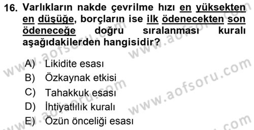 Finansal Muhasebe Dersi 2021 - 2022 Yılı (Vize) Ara Sınav Soruları 16. Soru