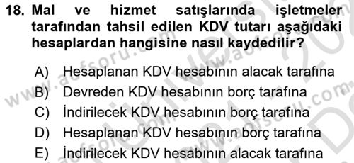 Finansal Muhasebe Dersi 2021 - 2022 Yılı (Vize) Ara Sınavı 18. Soru