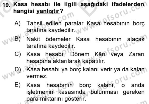 Finansal Muhasebe Dersi 2021 - 2022 Yılı (Vize) Ara Sınav Soruları 19. Soru