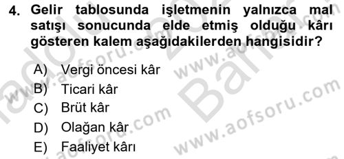Finansal Muhasebe Dersi 2021 - 2022 Yılı (Vize) Ara Sınav Soruları 4. Soru