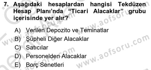 Finansal Muhasebe Dersi 2021 - 2022 Yılı (Vize) Ara Sınav Soruları 7. Soru