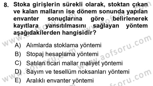 Finansal Muhasebe Dersi 2021 - 2022 Yılı (Vize) Ara Sınav Soruları 8. Soru