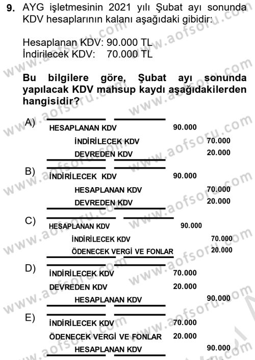 Finansal Muhasebe Dersi 2021 - 2022 Yılı (Vize) Ara Sınav Soruları 9. Soru