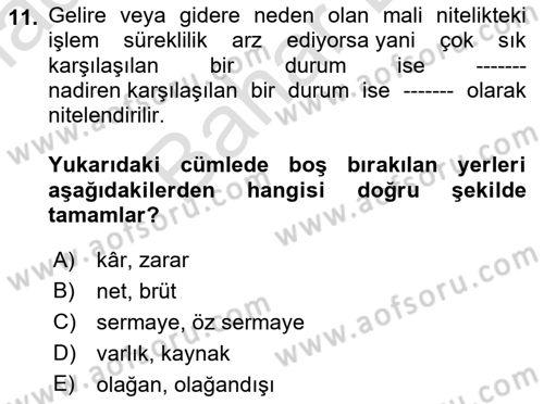 Finansal Muhasebe Dersi 2021 - 2022 Yılı (Final) Dönem Sonu Sınav Soruları 11. Soru