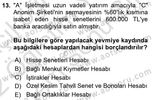 Finansal Muhasebe Dersi 2021 - 2022 Yılı (Final) Dönem Sonu Sınav Soruları 13. Soru