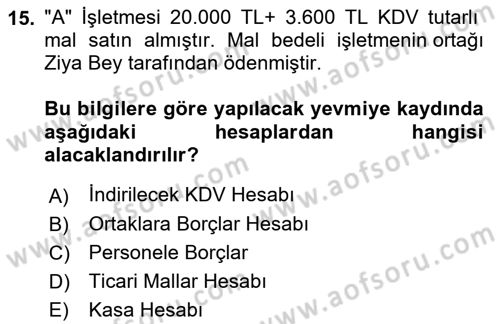 Finansal Muhasebe Dersi 2021 - 2022 Yılı (Final) Dönem Sonu Sınav Soruları 15. Soru