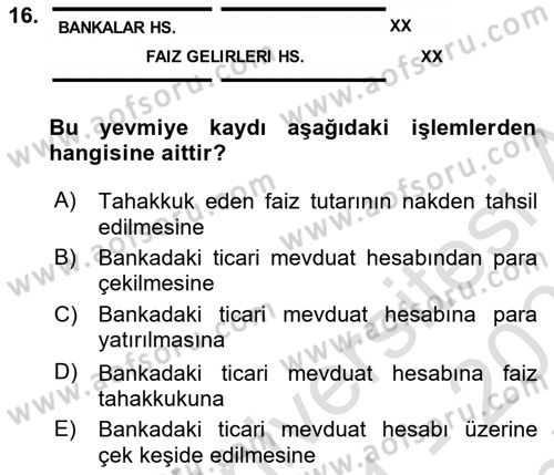 Finansal Muhasebe Dersi 2021 - 2022 Yılı (Final) Dönem Sonu Sınav Soruları 16. Soru