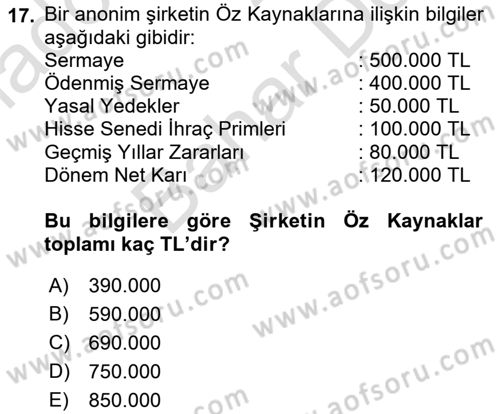 Finansal Muhasebe Dersi 2021 - 2022 Yılı (Final) Dönem Sonu Sınav Soruları 17. Soru