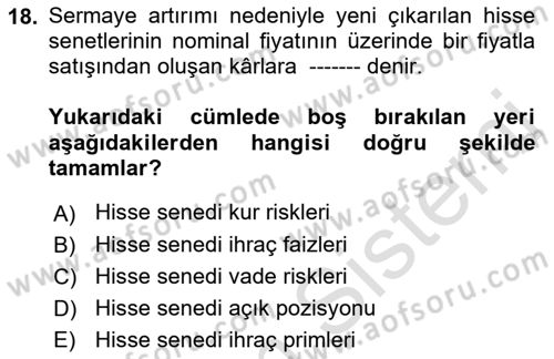 Finansal Muhasebe Dersi 2021 - 2022 Yılı (Final) Dönem Sonu Sınav Soruları 18. Soru