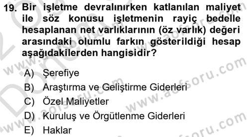 Finansal Muhasebe Dersi 2021 - 2022 Yılı (Final) Dönem Sonu Sınav Soruları 19. Soru
