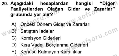 Finansal Muhasebe Dersi 2021 - 2022 Yılı (Final) Dönem Sonu Sınav Soruları 20. Soru