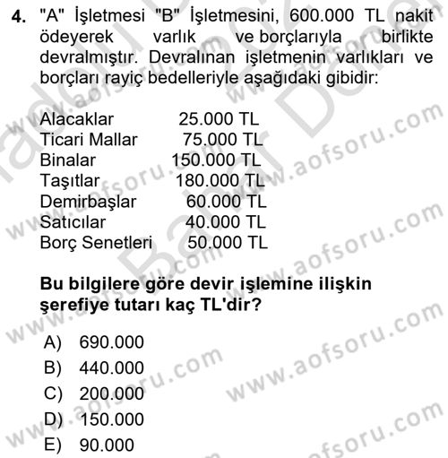 Finansal Muhasebe Dersi 2021 - 2022 Yılı (Final) Dönem Sonu Sınav Soruları 4. Soru
