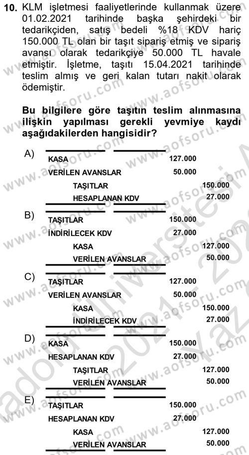 Finansal Muhasebe Dersi 2021 - 2022 Yılı Yaz Okulu Sınav Soruları 10. Soru