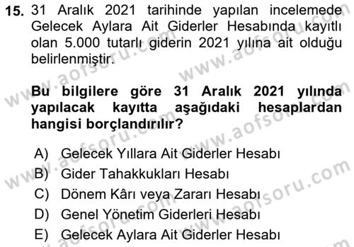 Finansal Muhasebe Dersi 2021 - 2022 Yılı Yaz Okulu Sınav Soruları 15. Soru