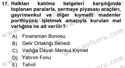 Finansal Muhasebe Dersi 2021 - 2022 Yılı Yaz Okulu Sınav Soruları 17. Soru