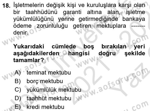 Finansal Muhasebe Dersi 2021 - 2022 Yılı Yaz Okulu Sınav Soruları 18. Soru