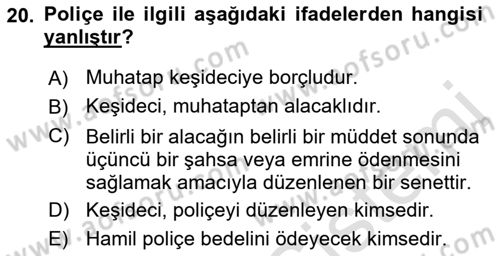 Finansal Muhasebe Dersi 2021 - 2022 Yılı Yaz Okulu Sınav Soruları 20. Soru