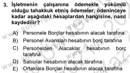 Finansal Muhasebe Dersi 2021 - 2022 Yılı Yaz Okulu Sınav Soruları 3. Soru