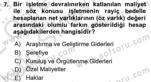 Finansal Muhasebe Dersi 2021 - 2022 Yılı Yaz Okulu Sınav Soruları 7. Soru