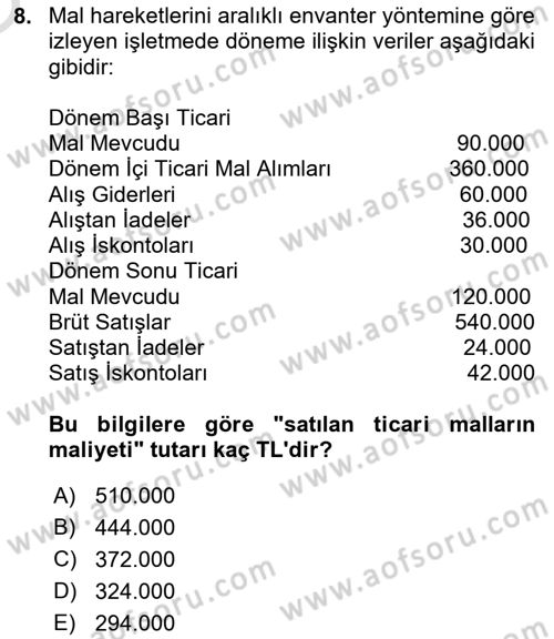 Finansal Muhasebe Dersi 2021 - 2022 Yılı Yaz Okulu Sınav Soruları 8. Soru